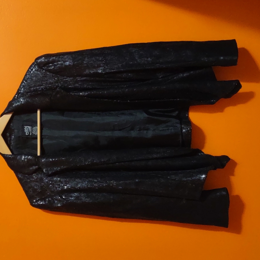 Black sequin blazer with drape front